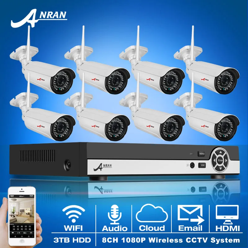 Digital Varifocal Zoom 3-10mm Lens Audio Input 2MP Wireless WIFI Network IP Camera 1080P Onvif 8CH H.264 NVR CCTV System 3TB HDD