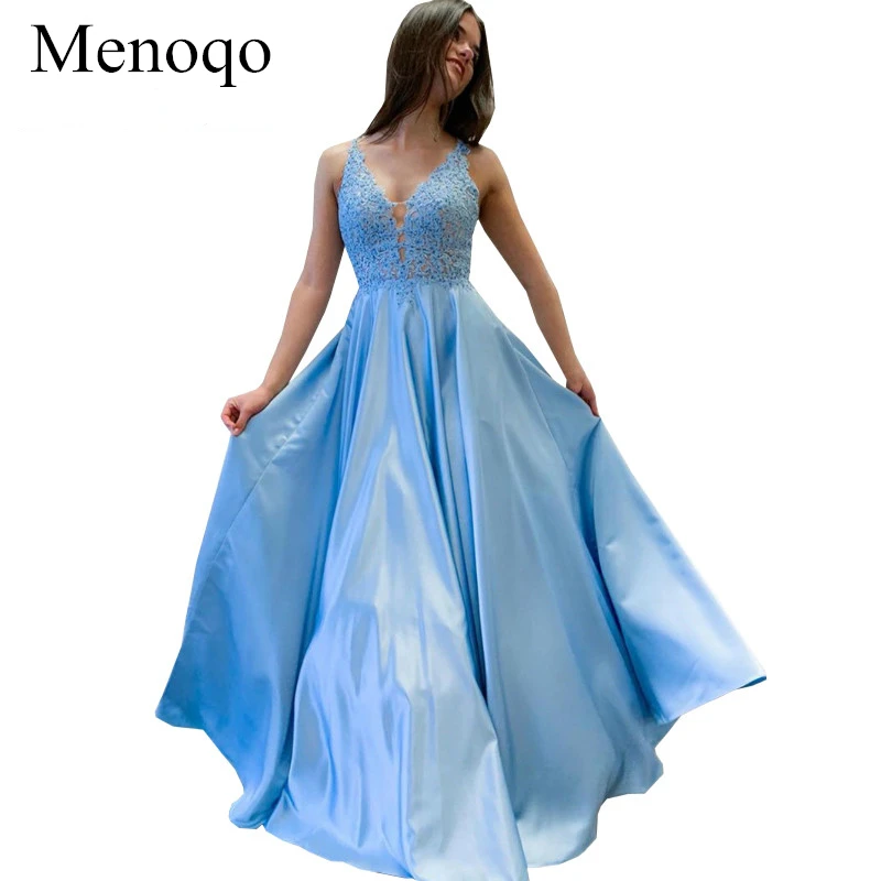 

Vestido De Festa Longo Sky Blue Prom Dress Long 2019 Satin Appliques Formal Party Gowns Robe De Soiree