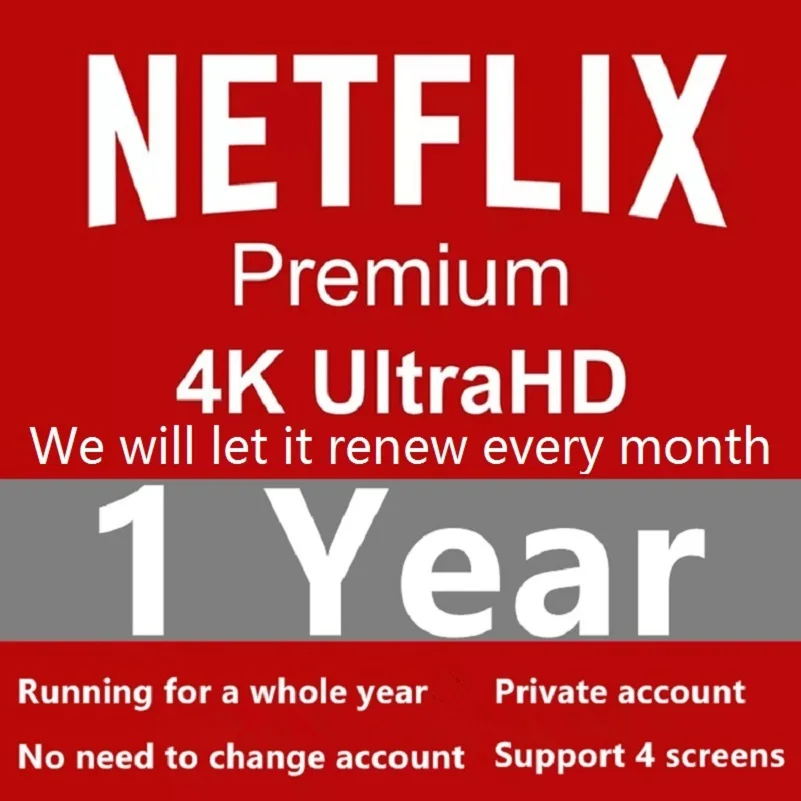 

Original Neflix Account 1 Year Netflix 4K Premium Ultra HD Plan Support 4 Profile 1 Kid For Smart TV Phone TV stick Android bark
