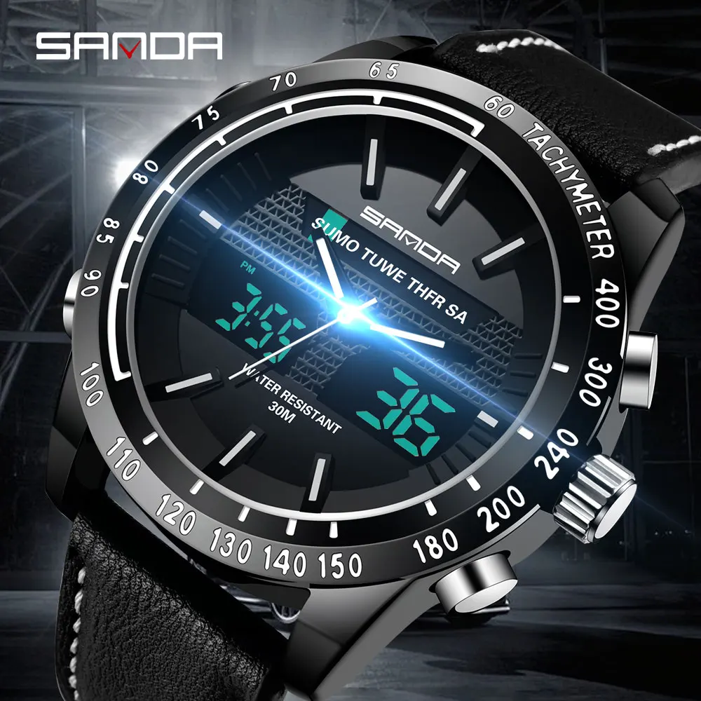 

SANDA brand men's watch men high-end waterproof sport watch pointer electronic two display clock leather strap reloj hombre