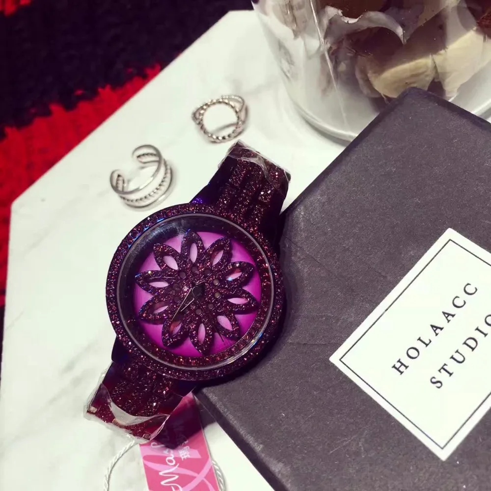 Роскошные Брендовые женские часы с бриллиантами вращающаяся шкала наручные часы Relojes Mujer женские фиолетовые Часы Relogio Feminino Новые поступления