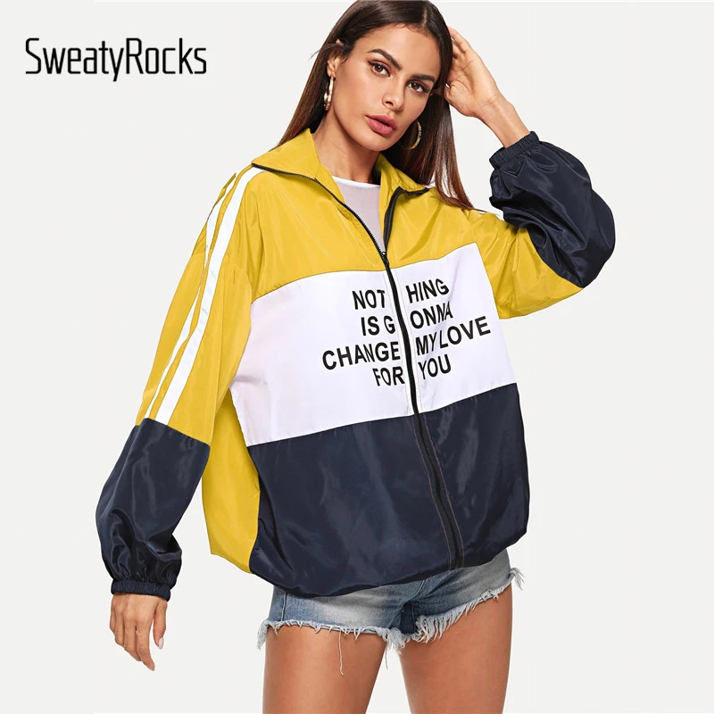 Best SweatyRocks Casual Zip Up Color Block Letter Print Jacket Long Sleeve Active Wear Jackets 2018 Autu