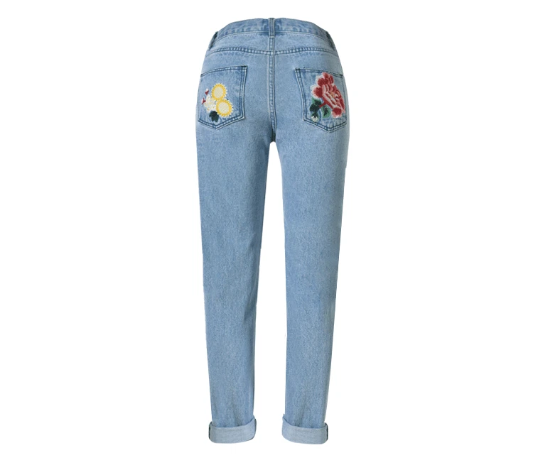 Джинсы с высокой талией, женские прямые джинсы с цветочной вышивкой, светильник, Синие Джинсы бойфренда, женские джинсовые брюки, женские большие размеры