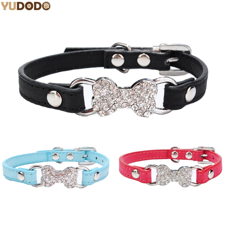 Rhinestone Bone Suede Cat Collars Safety Elastic Necklace Kitten Collar 3 Colors Adjustable Pet