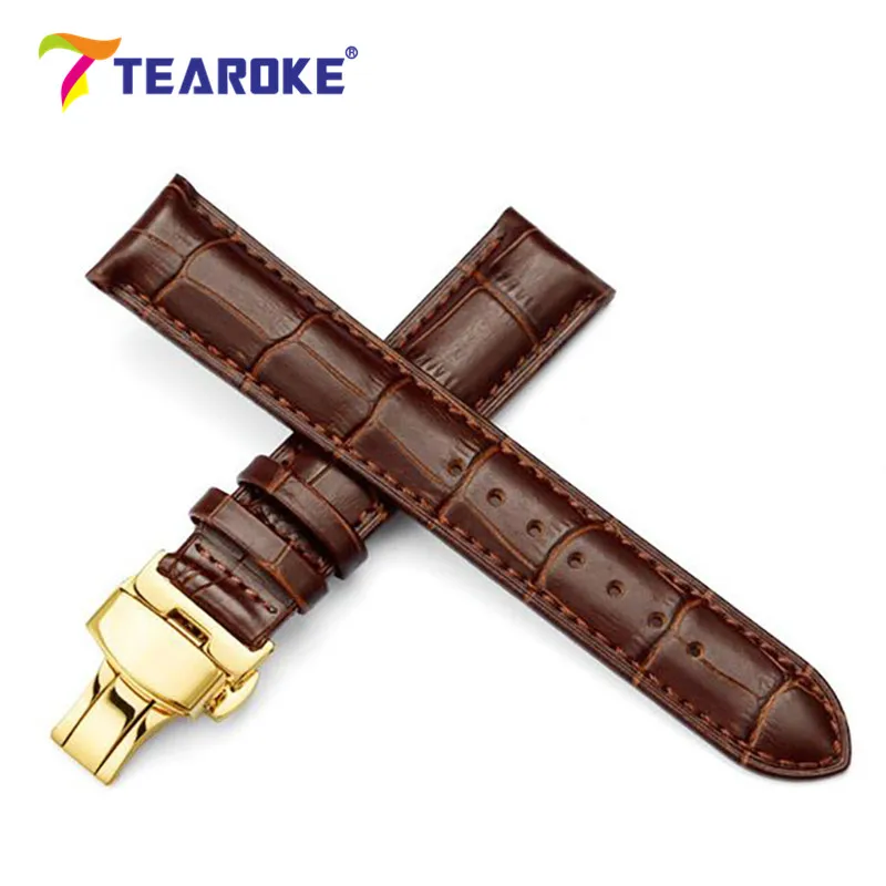 

Genuine Leather Watchband 18-24mm Gold Butterfly Deployant Buckle Stainless Steel Clasp Replacement Belt Strap Watch Accessories