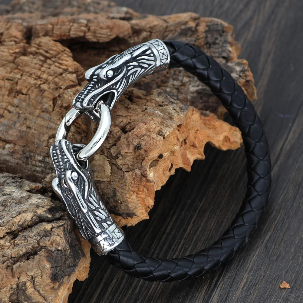 

Men 316L Stainless steel leather norse viking dragon bracelet 21 23 25 CM