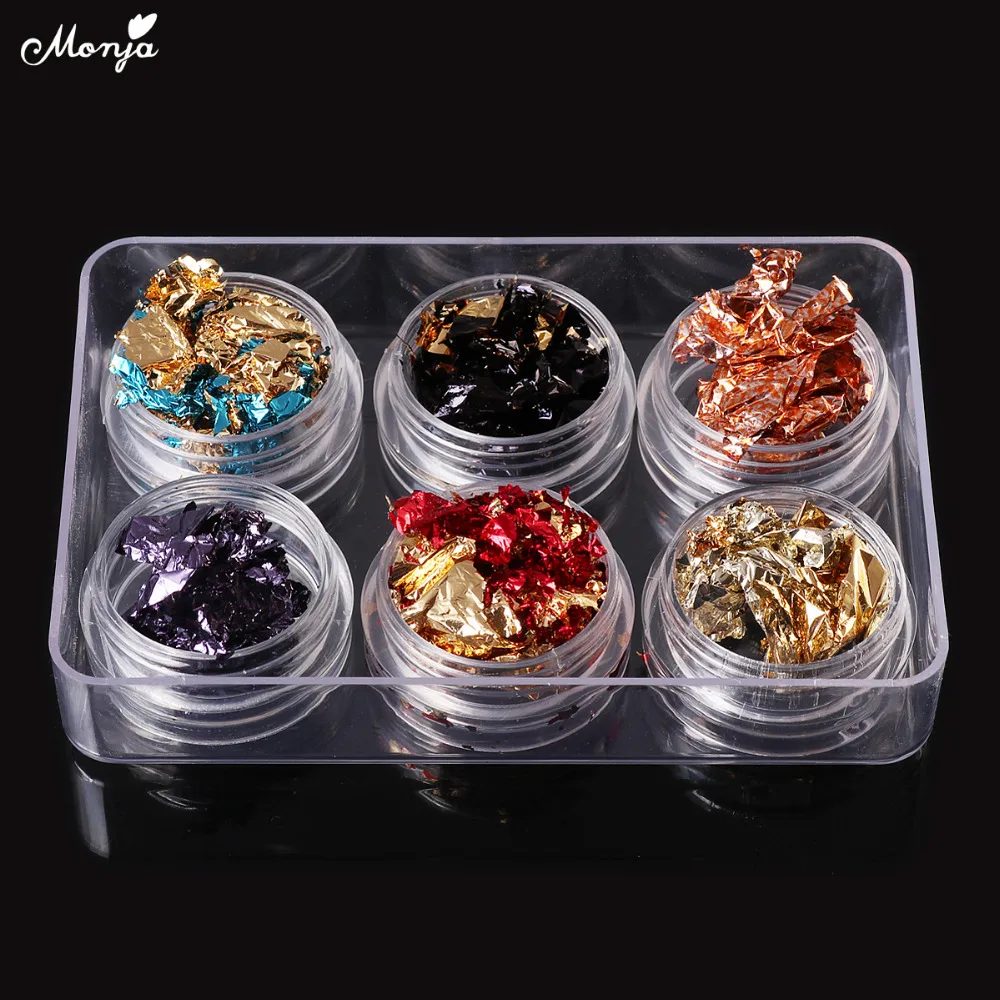 

Monja 6 Pot/set Nail Art 3D Colorful Glitter Full Cover Aluminum Foils Flake Sticker Laser Decal DIY Charm Decoration Accessoies