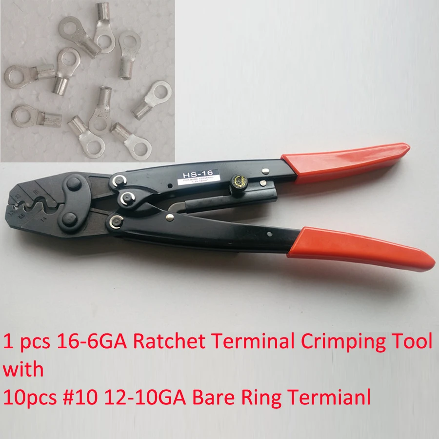 

10PCS #10 12-10Ga Wire Ring Terminal Connector Uninsulated with 1PCS HS-16 Ratchet Terminal Crimper for uninsulated AWG16-6