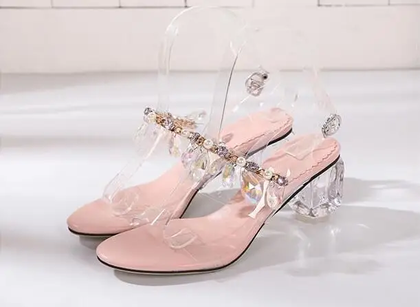 

Moraima Snc summer Crystal wedding shoes Rhinestone med heels sandals women PVC metal chain ladies shoes pink sliver sandalen