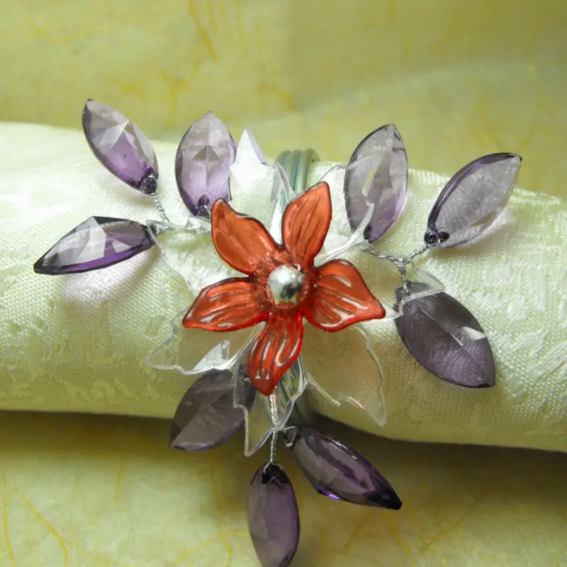 purple crystal leaf flower napkin ring, acrylic napkin holder,in
