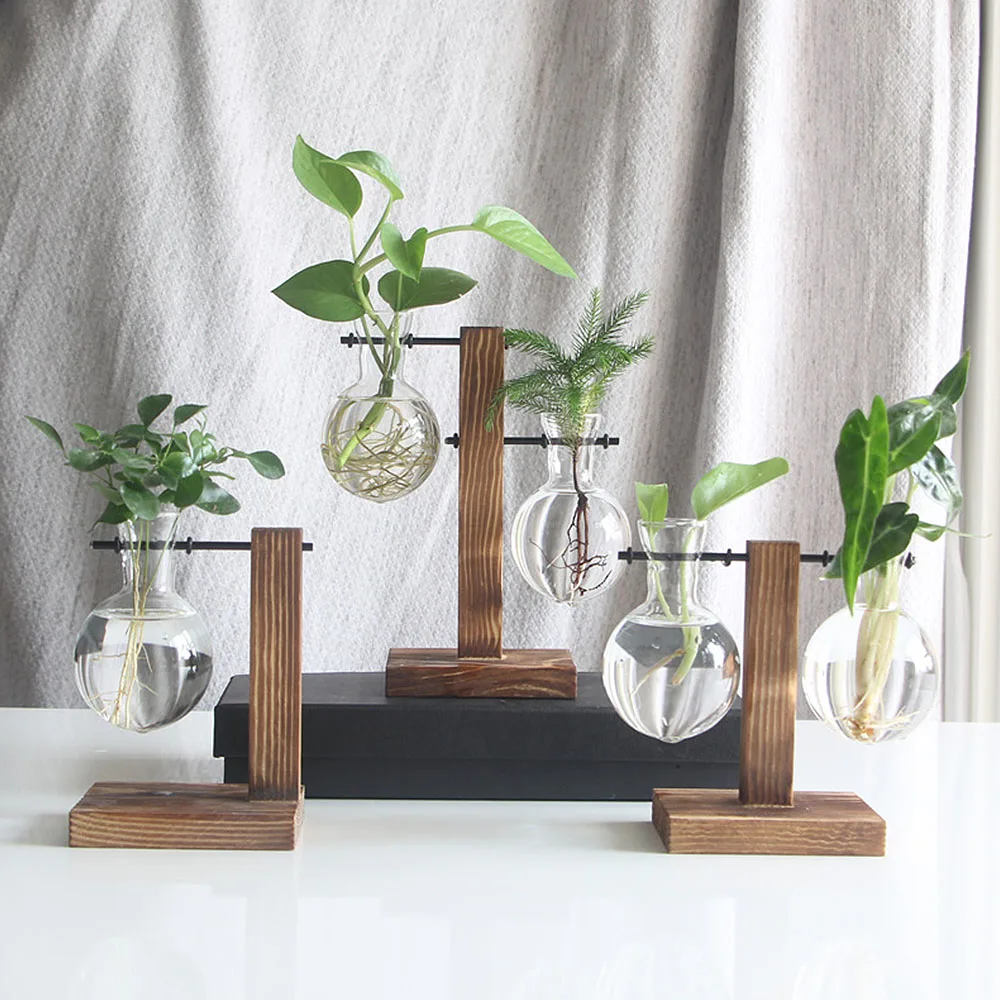 Стеклянная и деревянная ваза для растений, Террариум, настольный гидропоника, цветочный горшок бонсай, подвесные горшки с деревянным