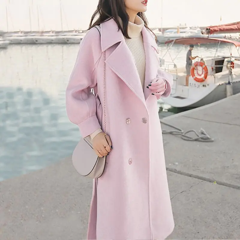 Шерстяное пальто размера плюс с отложным воротником и регулируемым поясом, свободное теплое шерстяное зимнее пальто, женское Элегантное Длинное однотонное пальто для женщин