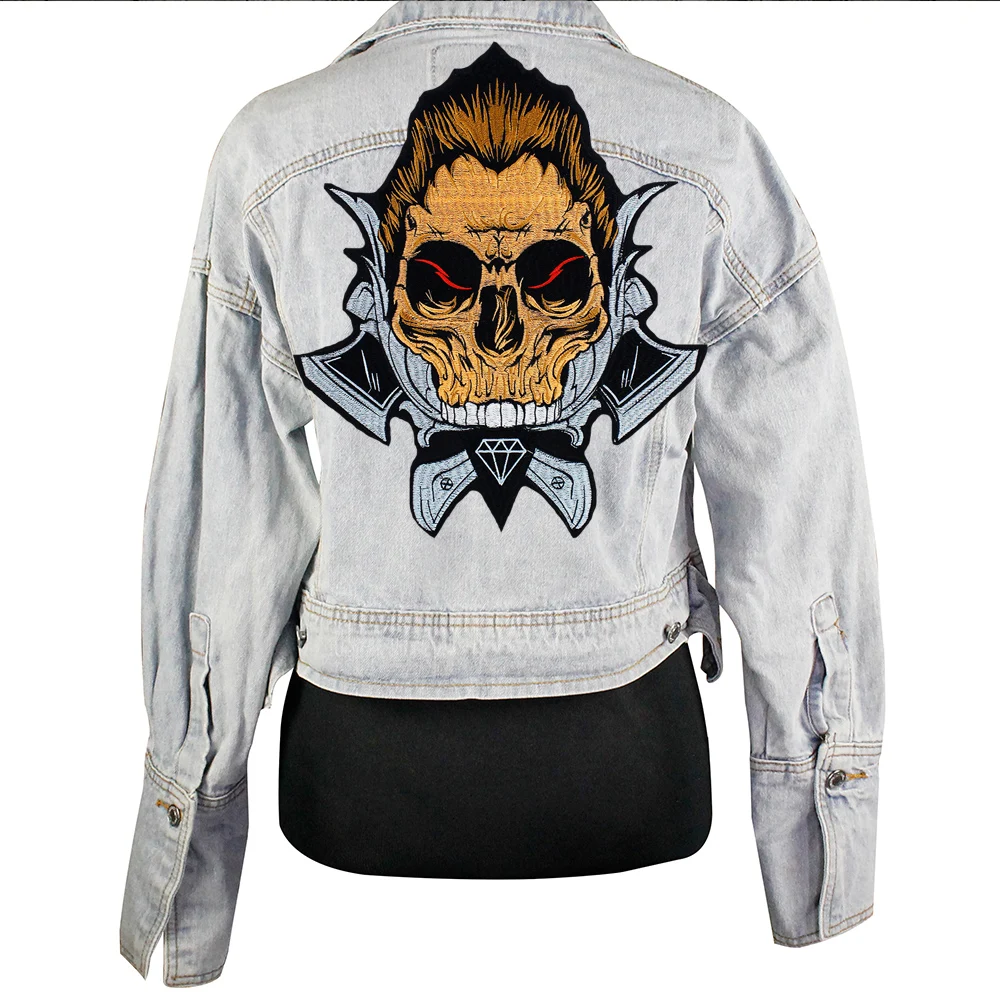 

Large Skull Ax Punk Patches Iron on Jacket Back Badges Sticker Embroidered Applique Sewing Crafts A156