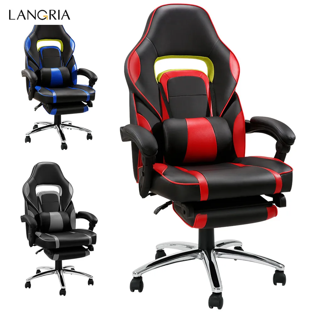 LANGRIA Ergonomic High-Back Faux Leather Racing Style Reclining Computer Gaming Executive Office Chair with Padded Footrest and Lumber Cushion16