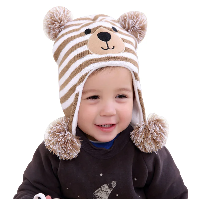 

Cartoon Baby Bear Hat Crochet Earflap Beanies For Boy Girl Autumn Winter Striped Kids Bonnet Pompom Hat Photography Accessories