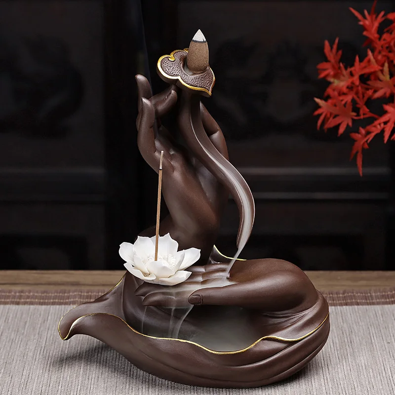

Buddha Hand Statue Backflow Incense Burner Ceramic Burner Backflow Incense Holder Lotus Flower Creative With 10pcs Incense Cones