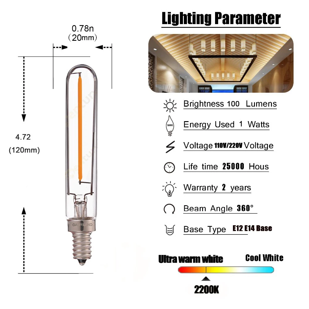 GANRILAND T20/T6 трубчатые лампы Ретро затемнения светодио дный длинные Лампа накаливания 1 Вт 2200 К E12 E14 база 110 В 220VAC люстры подвесные светильники
