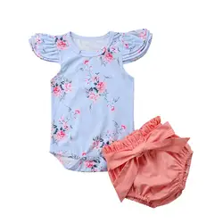 2018 боди с летящими рукавами и цветочным принтом для новорожденных девочек + шорты, комплект одежды для детей, комплект милой одежды для