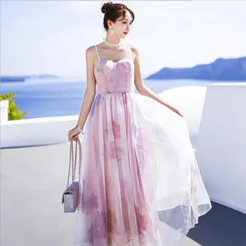 

Sweet New 2019 Summer Floral Printing Spaghetti Strap Big Swing Long Party Maxi Dress Vestido Women Lady Runway Dress