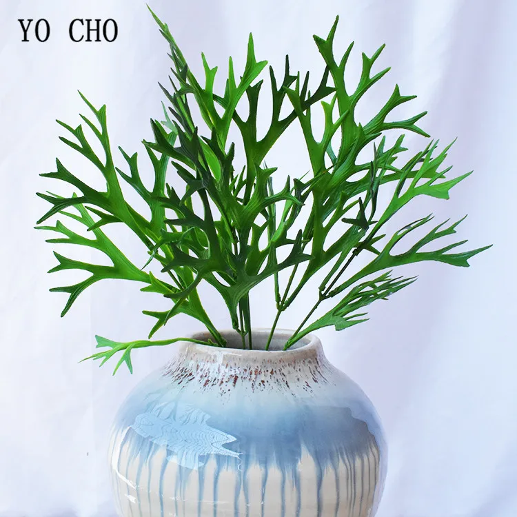 YO CHO 38cm Artificial Deer Horn Plants Plastic Greenery Wall Decoration Antler Leaf Grass Wedding Home Garden Decor Fake Plants