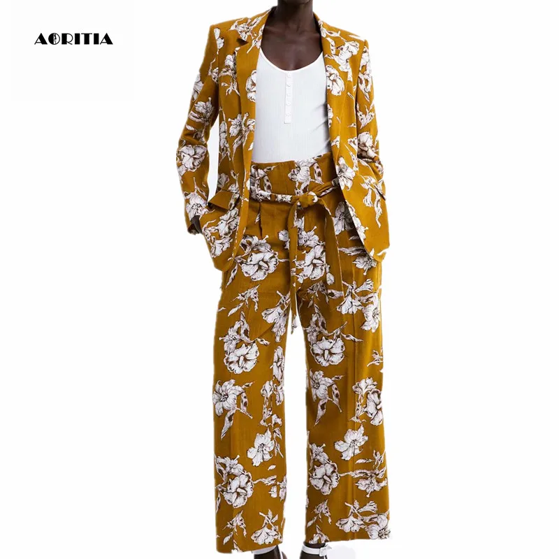 

2019 Women Floral Print Long Sleeve Blazer Two Piece Sets Women Coat Set Long-sleeve Tops Trousers Suit Set