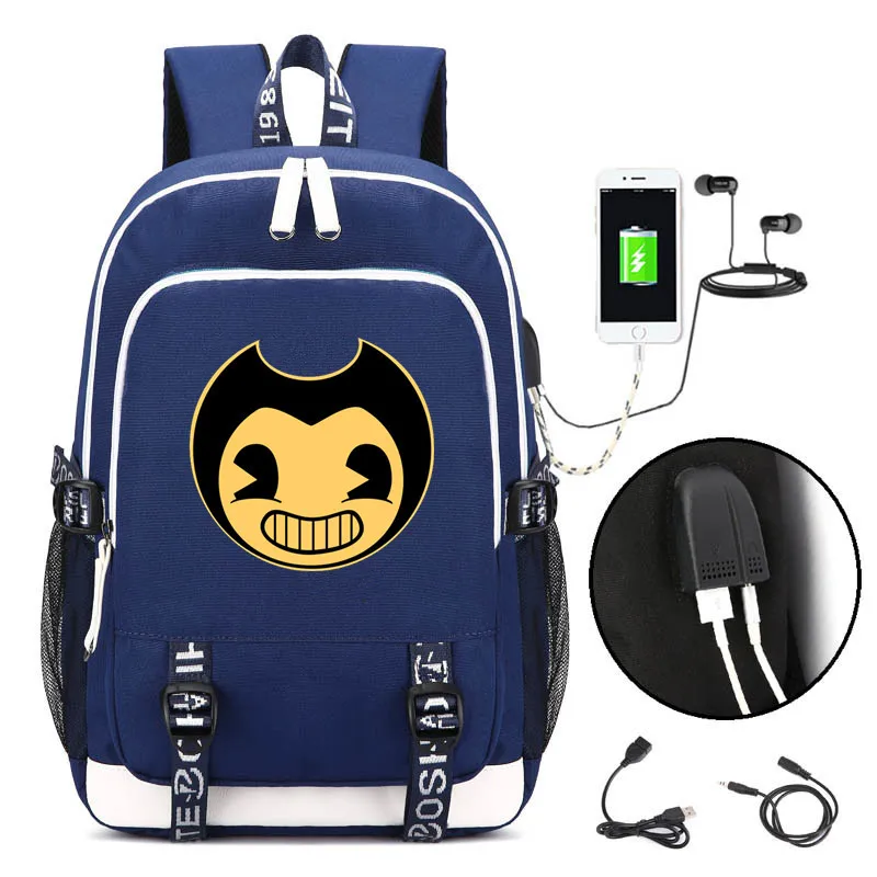 

2019 Games Bendy And The Ink Machine USB Headphone Jack Boy Girl School bag Women Bagpack Teenagers Canvas Men Backpack Packsack