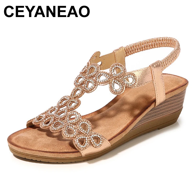 

CEYANEAO Summer Shoes Woman Sandals 2019 Women Fashion Crystal Ankle Strap Wedges Sandals Formal High Heel Gladiator Sandalias