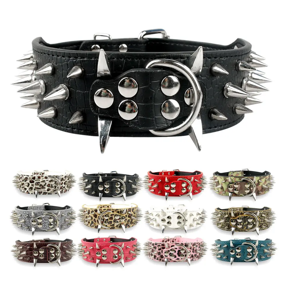 New 2 Inch Wide Black Spiked Studded Leather Dog Collar Pit Bully