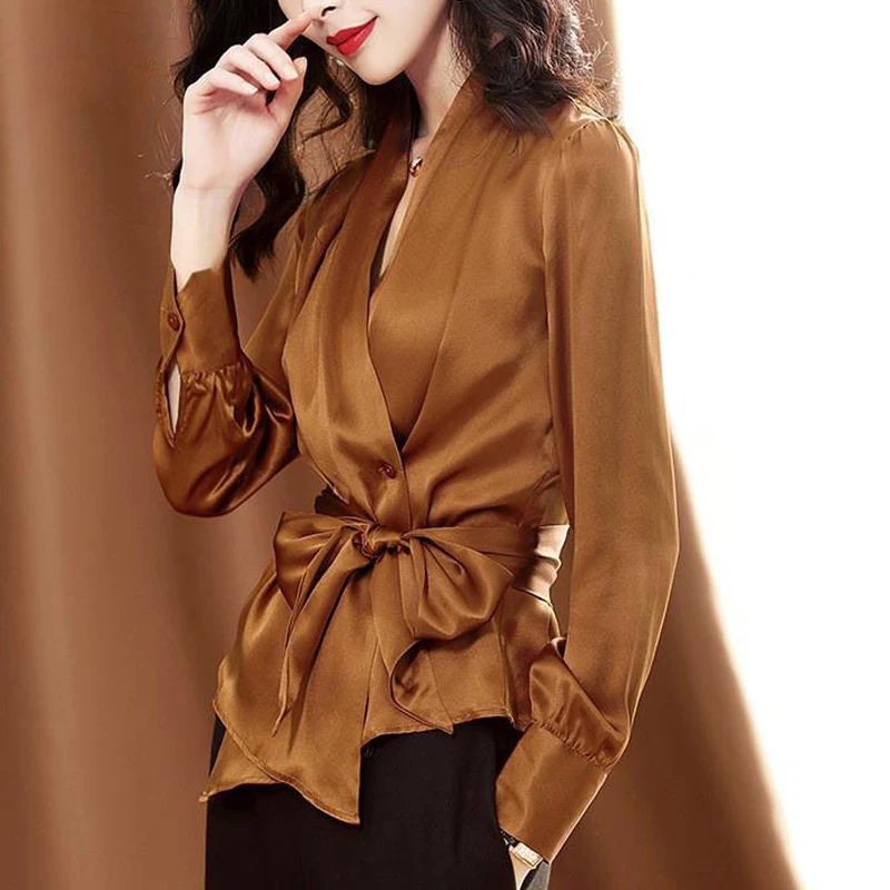 

Spring Fall Fashion Office Lady Womens V Neck Sash Bow Logn Sleeve Imitation Silk Blouse Top , Full Sleeves Tops For Women