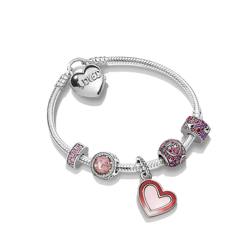 

Original 925 Sterling Silver Pan Kaleidoscopic Pattern Asymmetric Hearts Of Love Strand Bracelet Fit Bead Charm Jewelry