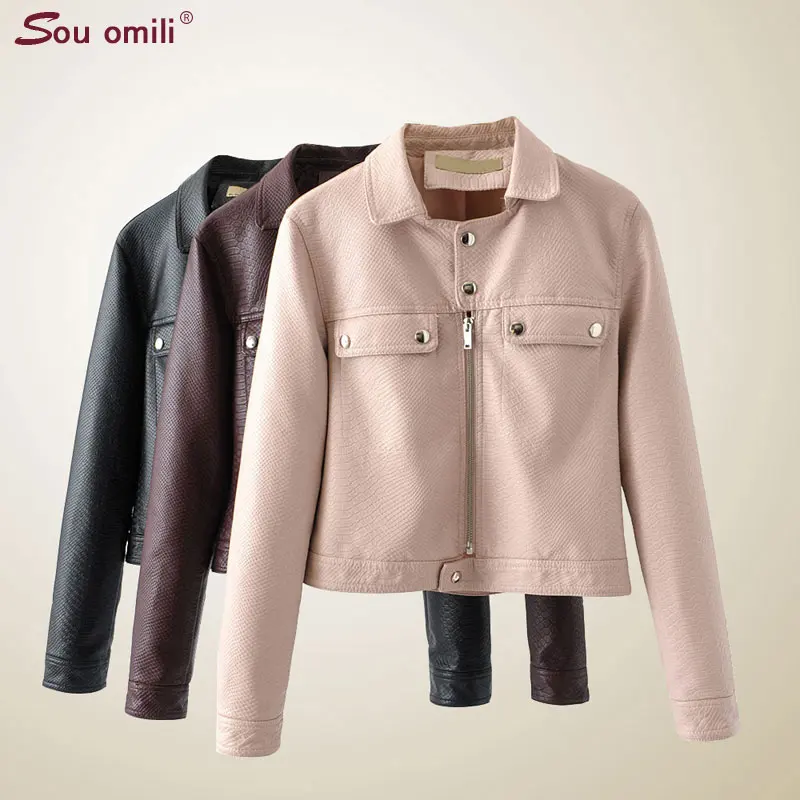 

Grain Big Pocket Leather Jackets Faux Leather Jacket for Women's Pink Outerwear Jacket Supernova Jaqueta Couro