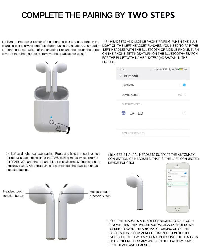 LK-TE8 air pod Smart touch no button TWS Headphones Bluetooth v5.0 Headset Wireless Earphone 6