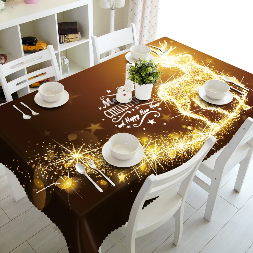 

3D Tablecloth Happy Christmas Tree New Year Fireworks Waterproof Thicken Rectangular and Round Wedding Table Cloth