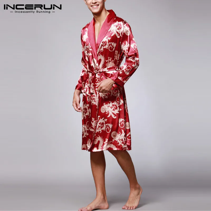 INCERUN 2019 для мужчин пижамы халаты из искусственного шелка с длинным рукавом халат китайский дракон печати удобные халат кимоно