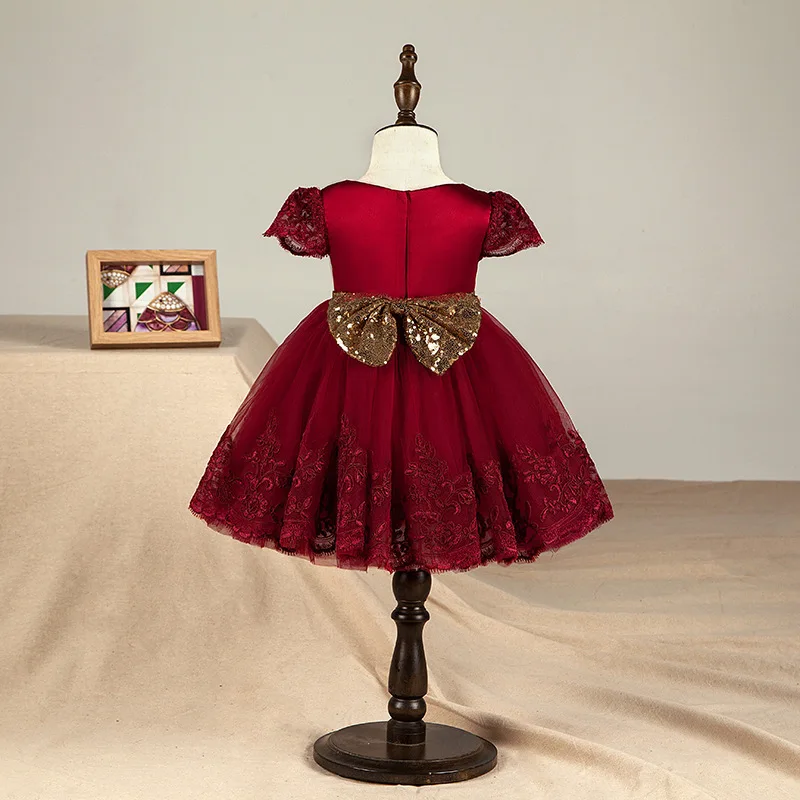 Новинка года, красное платье для дня рождения для маленьких девочек 1 год, платье с золотым бантом и рукавами-крапинками для маленьких девочек 12 мес.-6 лет
