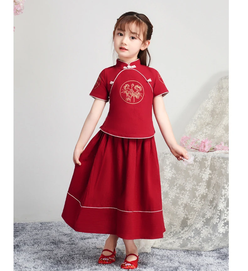 Хлопковые льняные костюмы для девочек из 2 предметов рубашка+ юбка в традиционном китайском стиле, Хан фу, детское платье в стиле ретро детский летний повседневный костюм