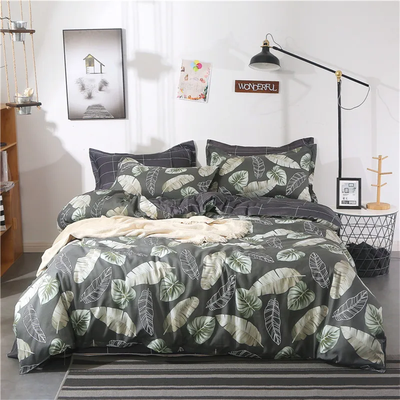 Green Leaf Pattern Bedding Set Polyester Fiber 4Pcs Family Set Include