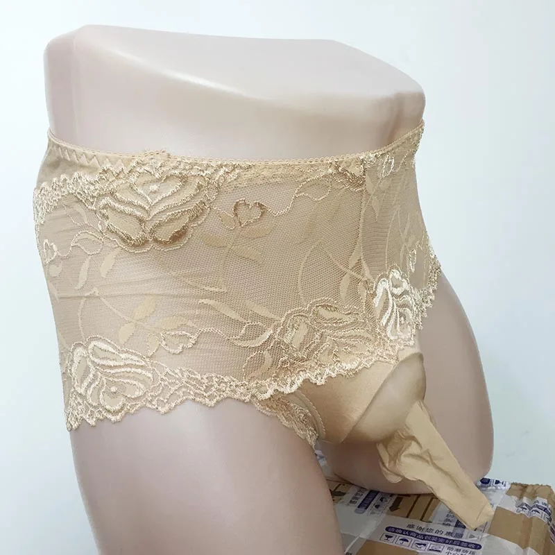 Plus Size Sexy Sheer Lace Men Sissy Brief Thong Underwear with Silky Penis Trunk Sheath Fetish Lingerie