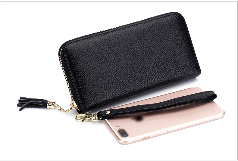 Lomelobo Unisex Tassel Long Wallet Genuine Leather Women Men Litchi Cowhide Leather portomonee Boy Girl Credit Card Holder Purse HPLA218 Details (09)