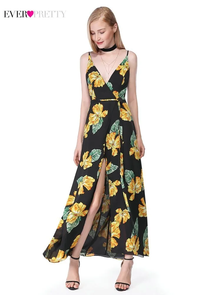 

Floral Print Long Prom Dresses 2020 Ever Pretty AS07051BK V-Neck Spaghetti Straps High Split Sexy Summer Evening Party Dresses