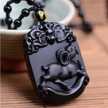 

Natural Black Obsidian Pendant Carved Chinese Zodiac Sheep Pendant Bead Necklace Lucky Amulet Men Women's Fashion Jades Jewelry