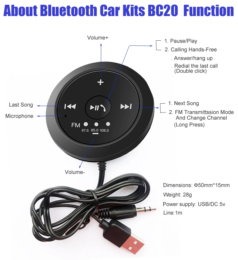 VAORLO Bluetooth 5,0 приемник автомобильный комплект громкой связи FM Bluetooth передатчик стерео беспроводной адаптер USB 3,5 мм Мини магнитный для автомобиля