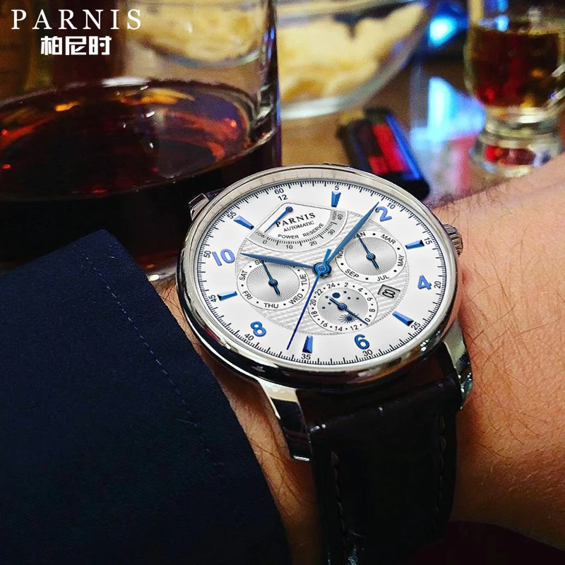 Parnis 43mm Stainless Steel Band Automatic Mechanical Men's Watches Moon Phase Power Reserve Men Watch Miyota Clock Gift for Man |
