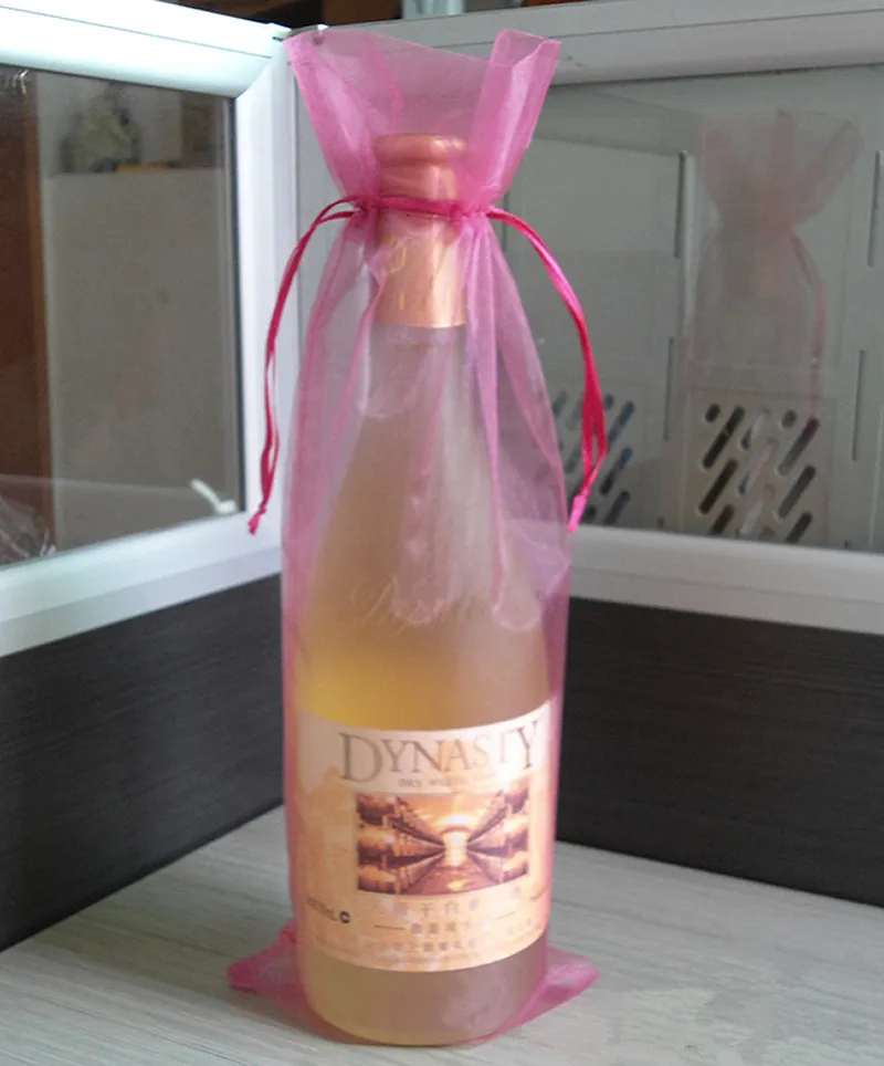 Золотой шнурок органзы вина Сумки 100 шт. 14x37 см для Рождество Свадебная вечеринка подарок держатель для бутылки шампанского фиолетовый, розовый органза