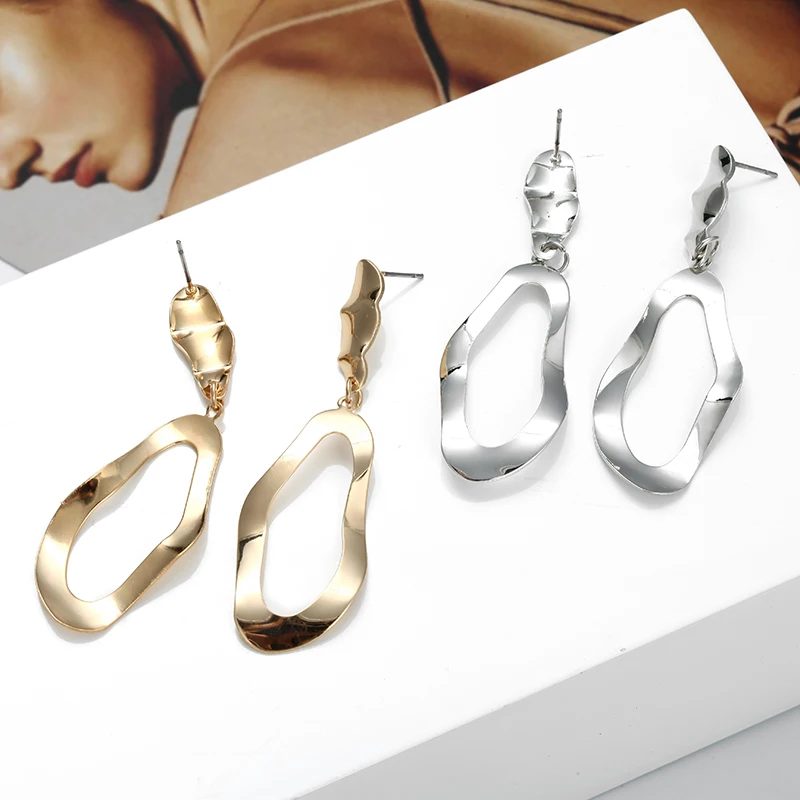 

New Fashion Earrings Irregular wavy elliptical ring earrings Big Gold Color Drop Earrings Silvery Color Recreational Matching