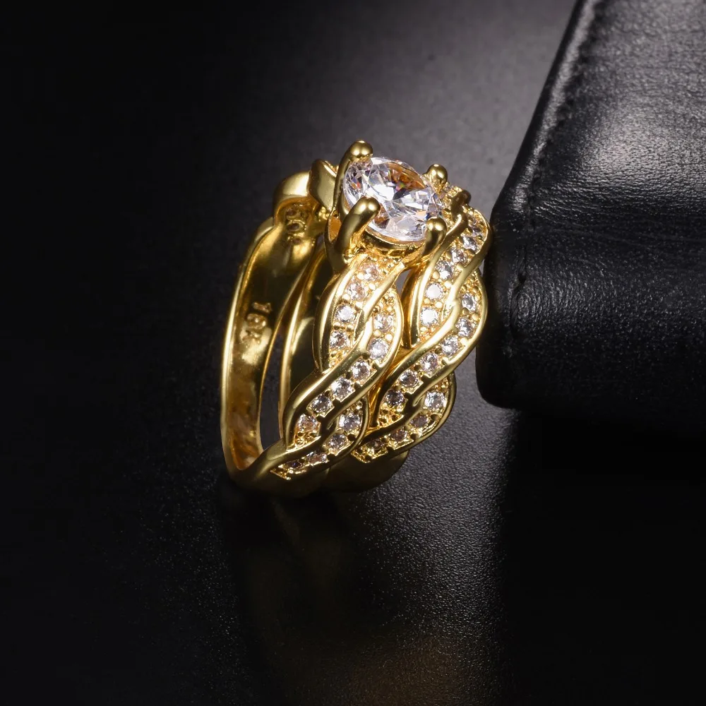 Lady's Round 2ct Simulated Diamond Rings Set 2-in-1 Wedding Anniversary Ring for Women 18K yellow gold Plated jewelry Size 5-10