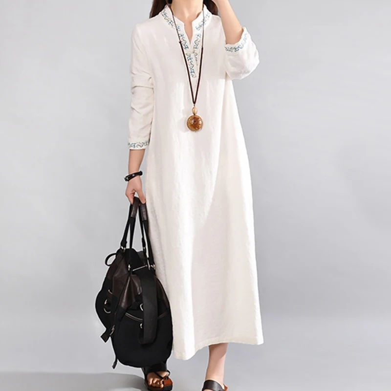 

Vintage Dress Women Shirt Dress Plus size Cotton Linen High quality Long Dresses 3/4 Sleeve White V neck Ladies Casual