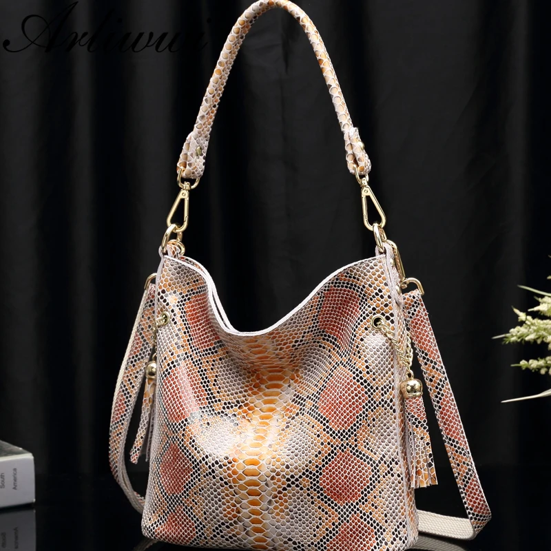  Arliwwi Real Leather Woman Snake Skin Hand Bags Luxury Designer 2 tone Colors Ladies Fashion Should - 32963084009