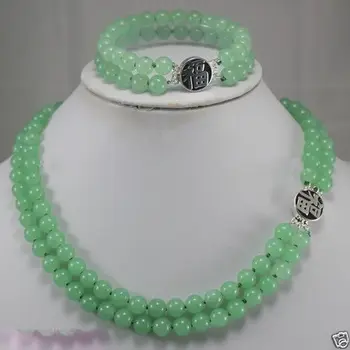 

FREE SHIPPING Jewelry 2 Rows 8mm Green Necklace Bracelet Set