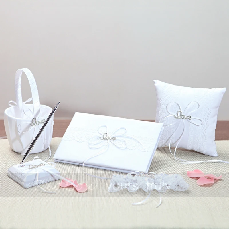 

5Pcs/set Small Satin Bowknot Wedding Party Pocket Ring Pillow diamond Pearl Cushion Ivory Wedding Decoration Supplies